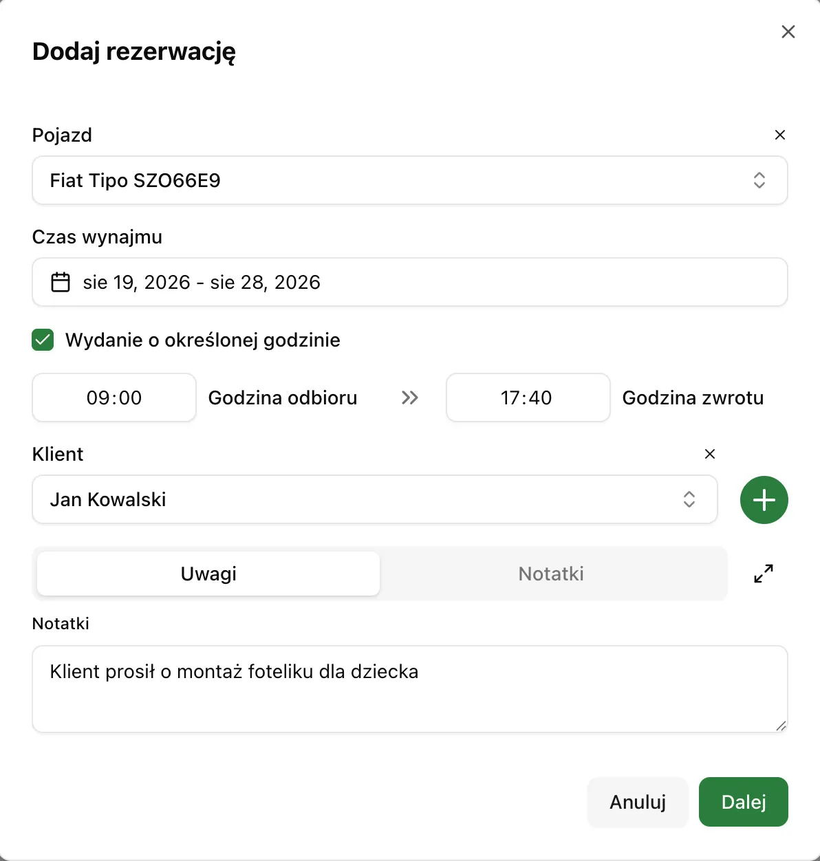 Okno dodawania rezerwacji